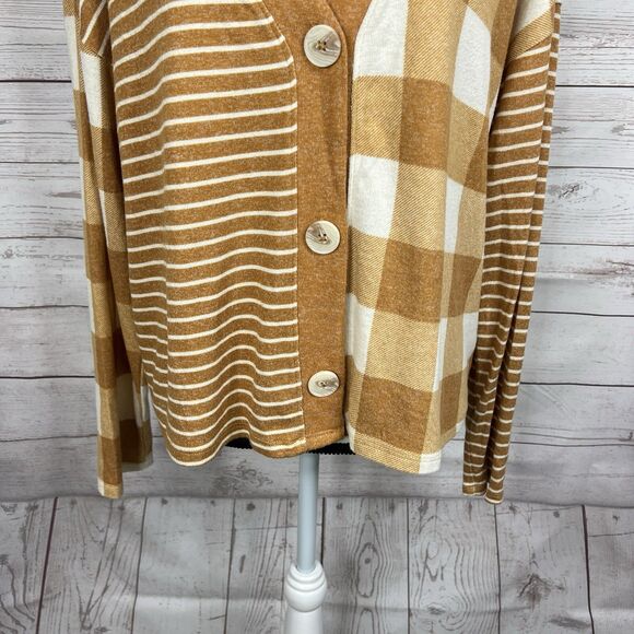 Maurices Mixer Cardigan Size Large Tan White Plaid Striped Long Sleeve - Picture 4 of 10